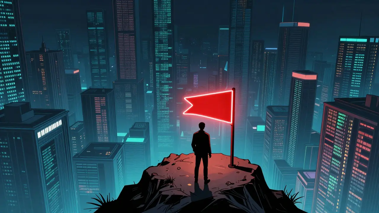 Un utilisateur isolé face à un signal d'alerte rouge dans un vide numérique.