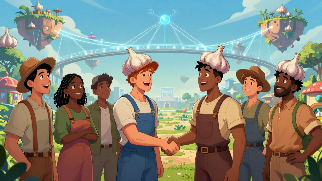 Une communauté de fermiers d'ail collaborant dans une cité numérique futuriste.