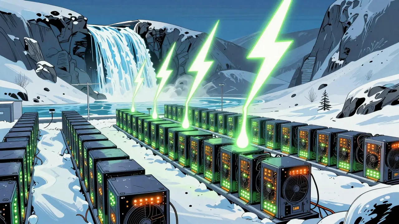 Une ferme de minage de cryptomonnaies alimentée par une chute d'eau hydroélectrique en Norvège.