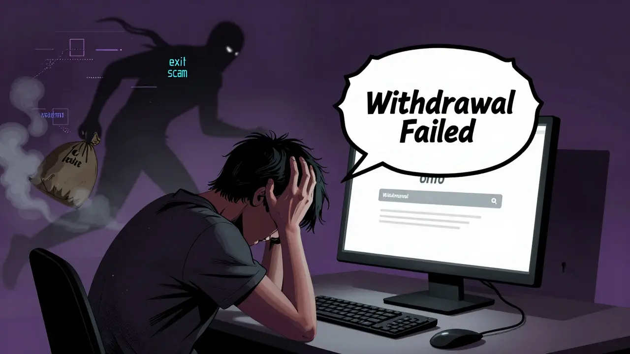 Utilisateur désespéré face à un retrait bloqué après une arnaque financière.