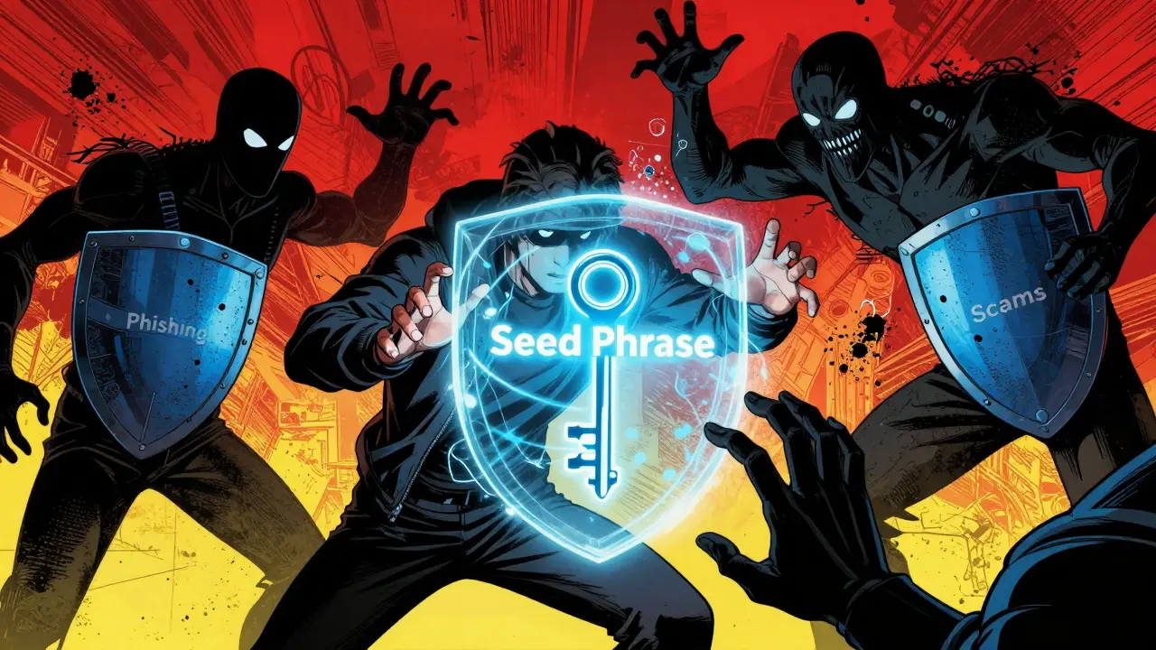 Utilisateur protégeant sa clé privée contre des cyber-menaces dans un style BD.