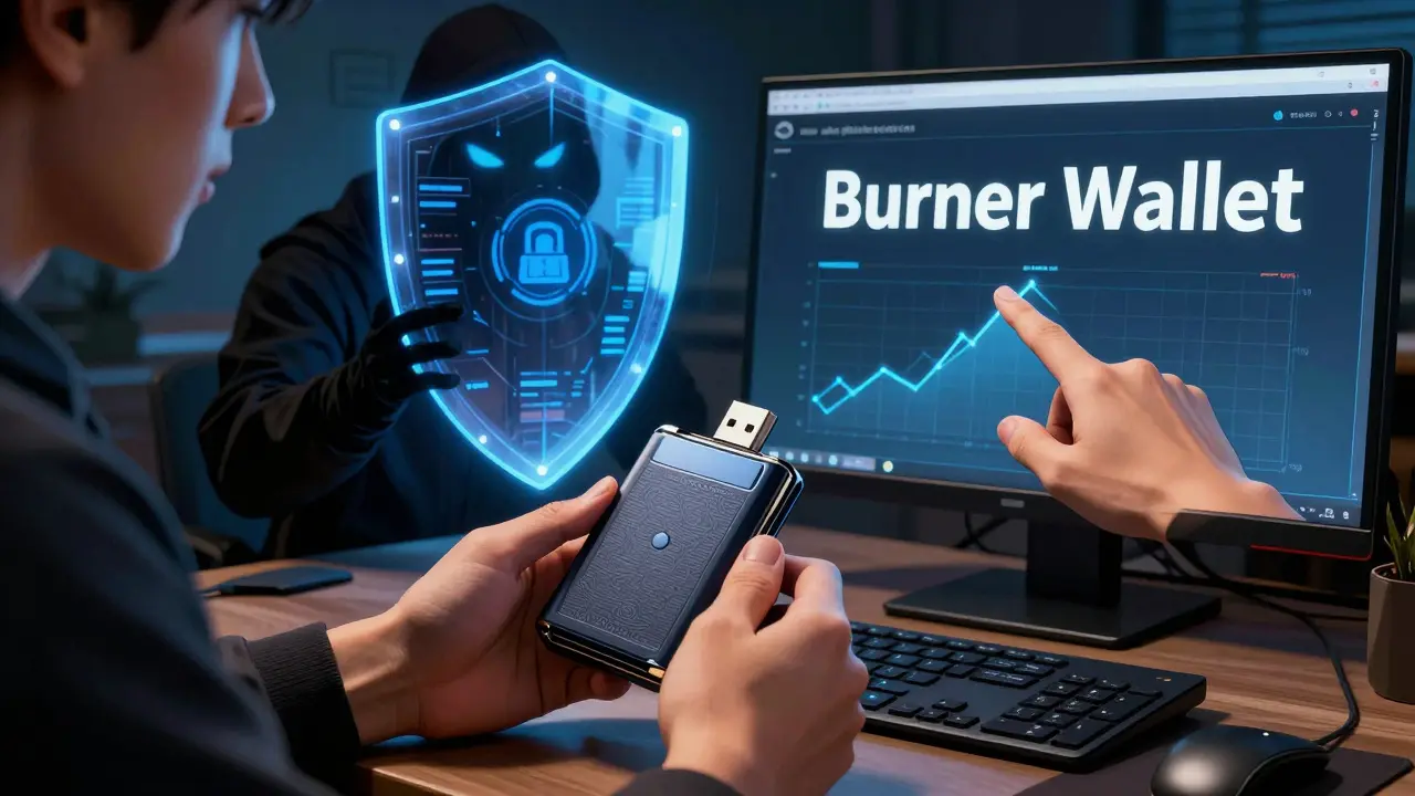 Utilisateur sécurisant ses cryptos avec un hardware wallet et un bouclier numérique.