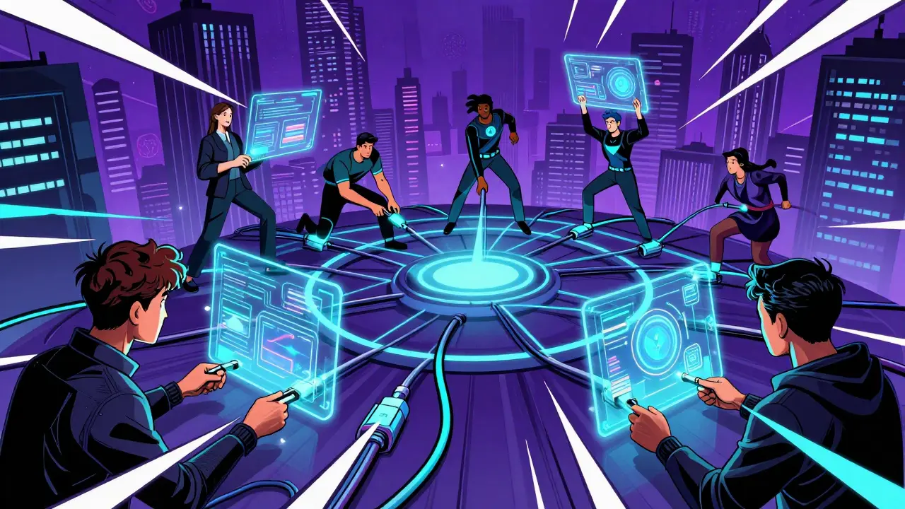 Utilisateurs collaborant pour construire un réseau numérique futuriste en style comic book.