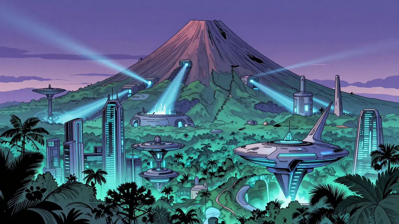 Vues futuristes d'une ville technologique et de minage géothermique au pied d'un volcan.
