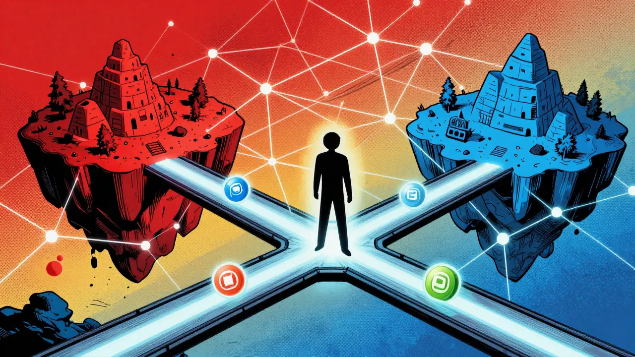 Art de comic book montrant l'interopérabilité entre différentes chaînes blockchain via un pont lumineux