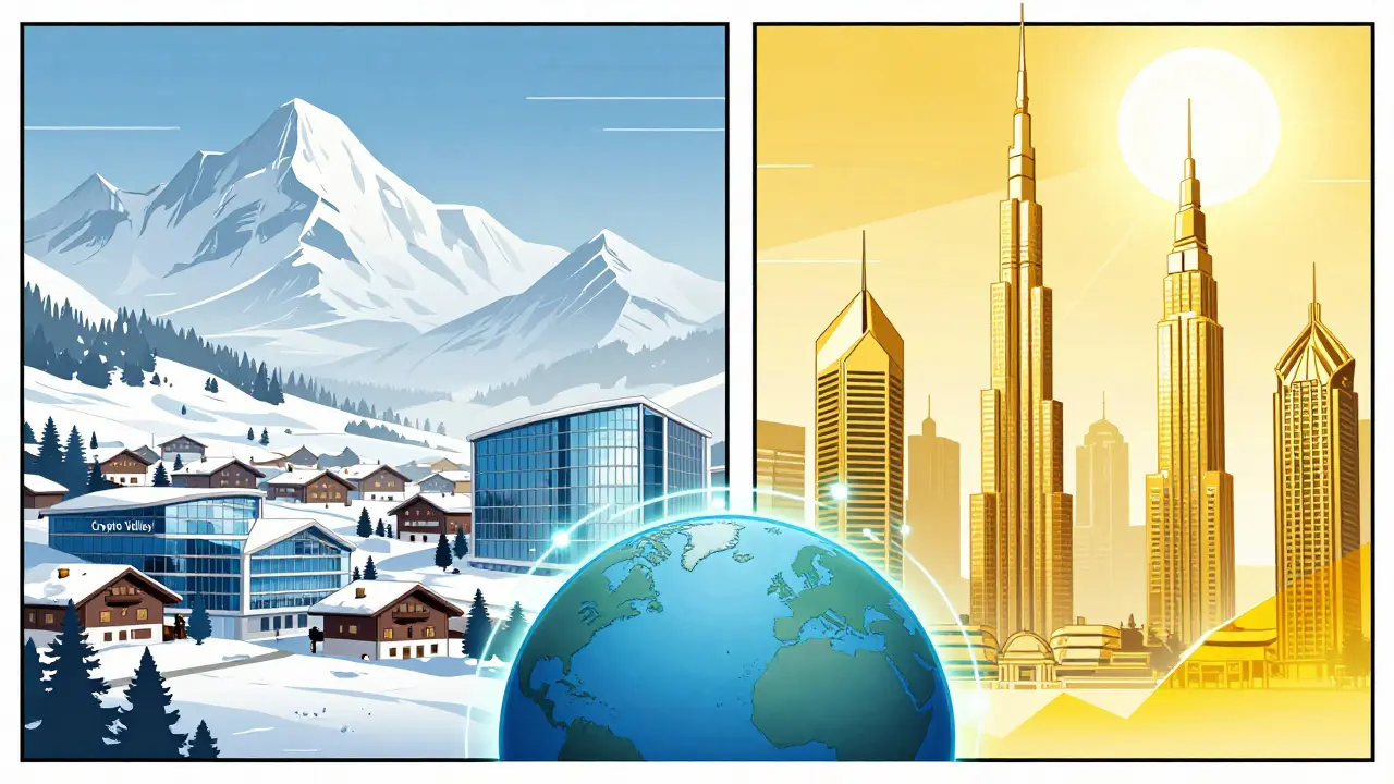 Comparaison artistique entre la stabilité suisse et les opportunités de Dubaï en style comic book.