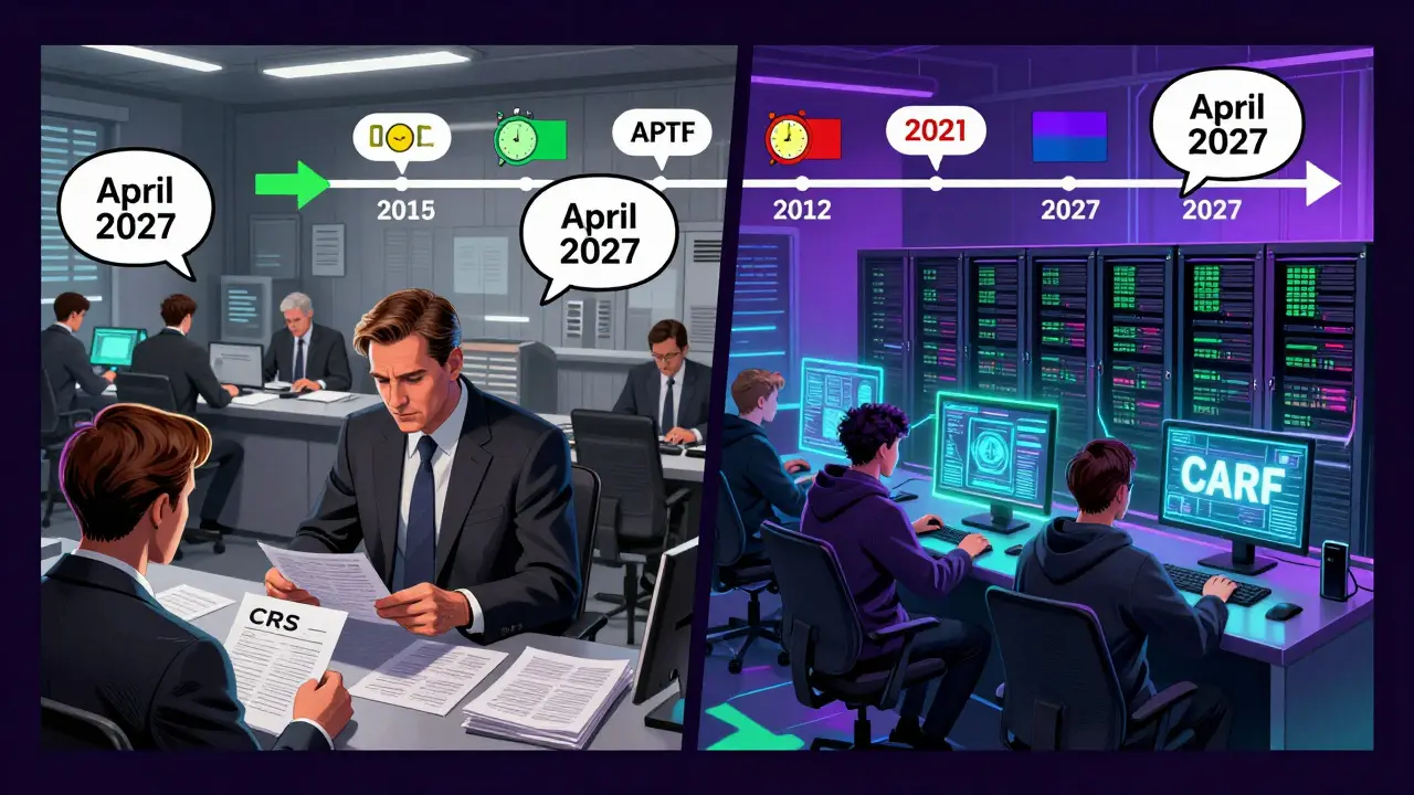 Comparaison visuelle entre les banques traditionnelles CRS et les plateformes crypto CARF futuristes