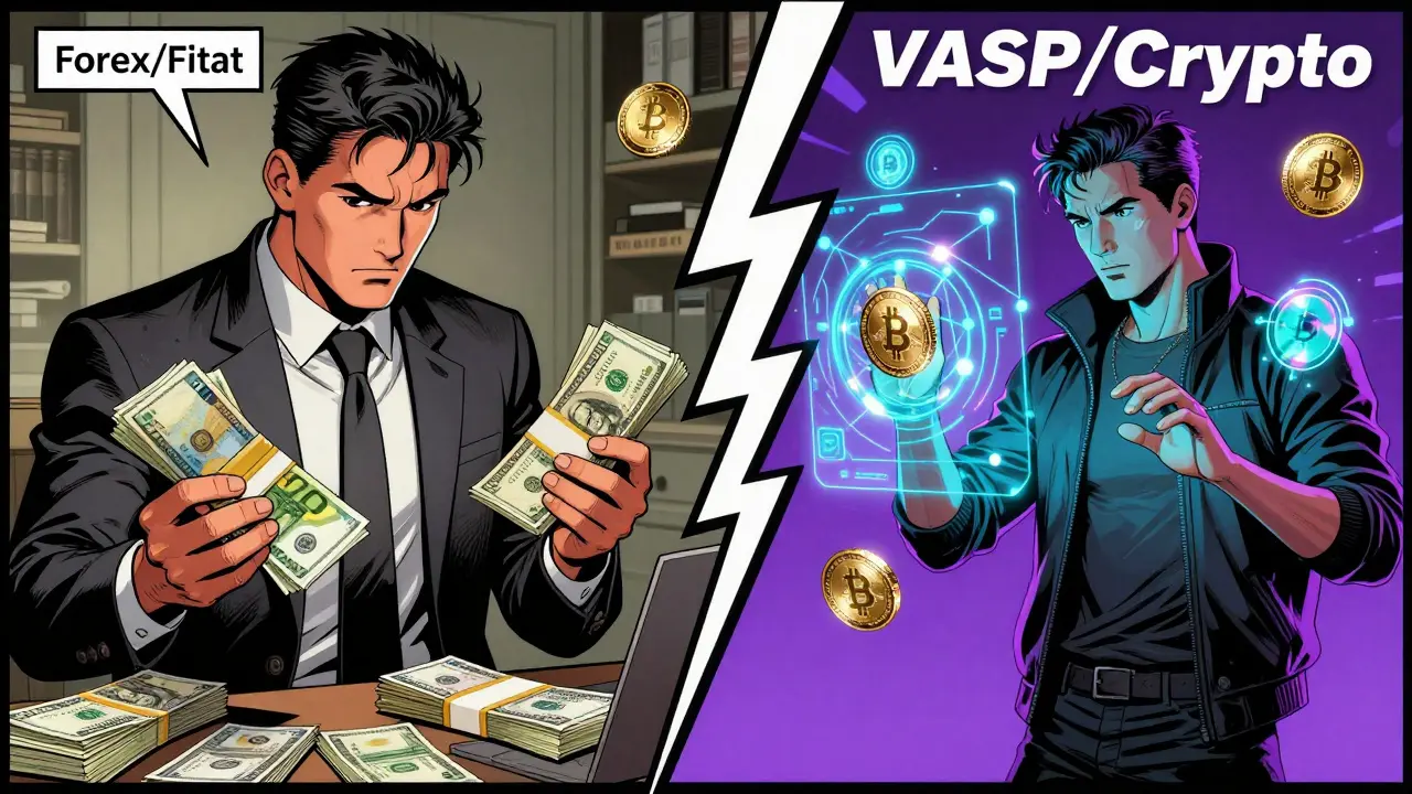 Comparaison visuelle entre les licences fiat traditionnelles et crypto VASP