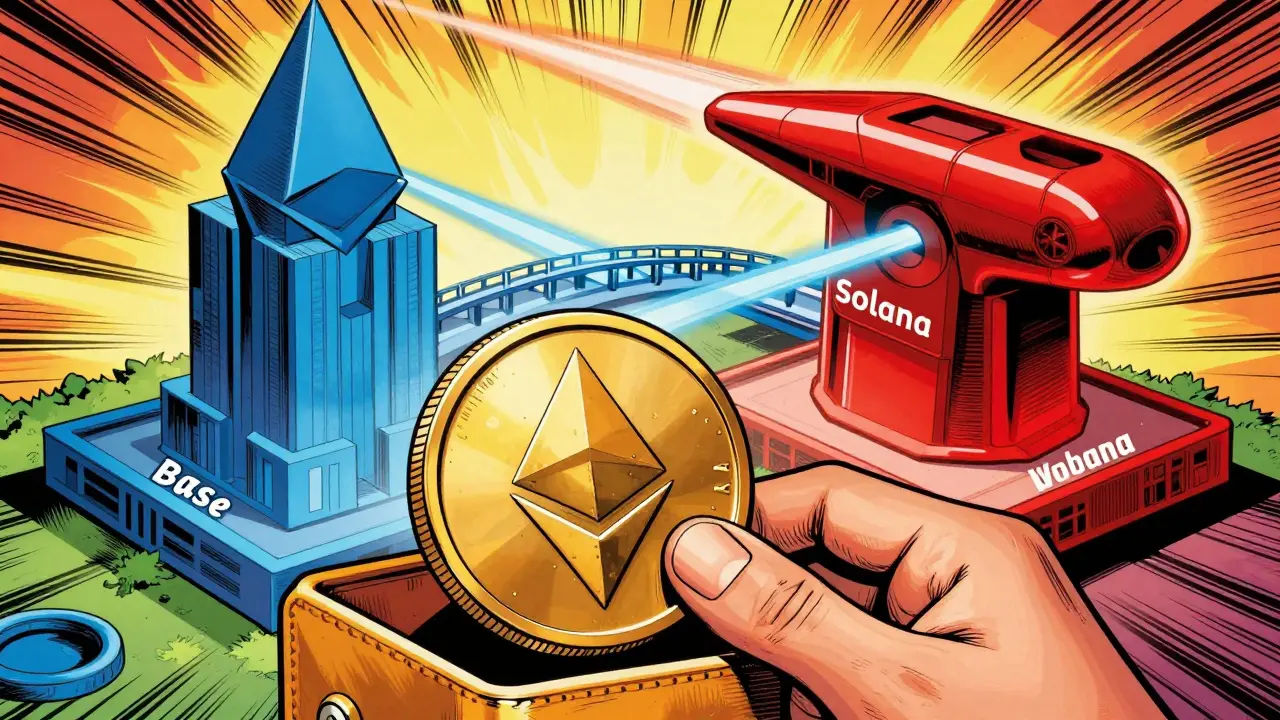 Écosystème blockchain Base et Solana connecté avec des jetons LAY en style BD.