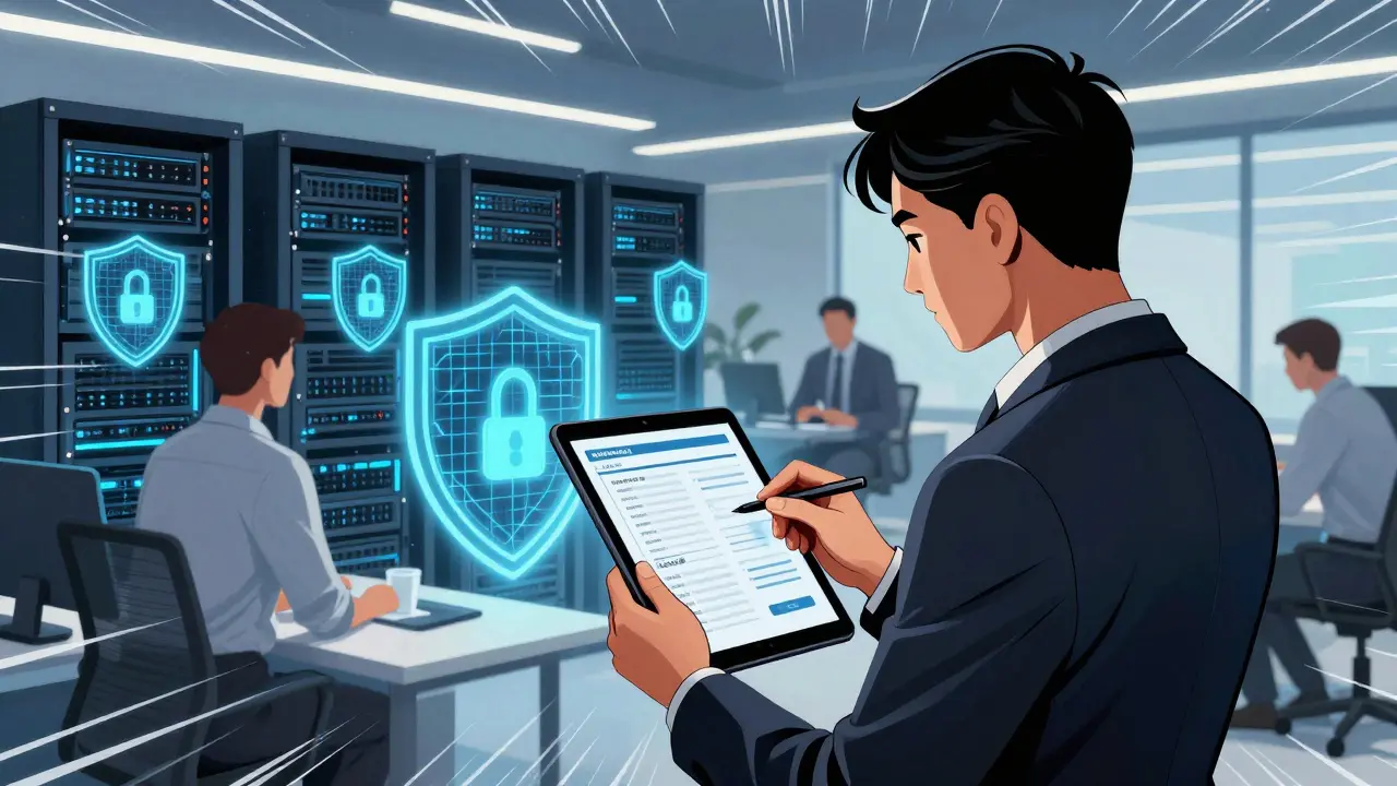 Équipe de conformité sécurisant l'infrastructure blockchain dans un bureau