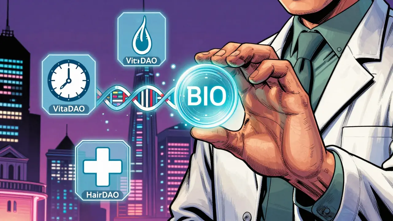 Illustration BD d'un jeton BIO se transformant en ADN avec des icônes de BioDAOs dans un décor cyberpunk.