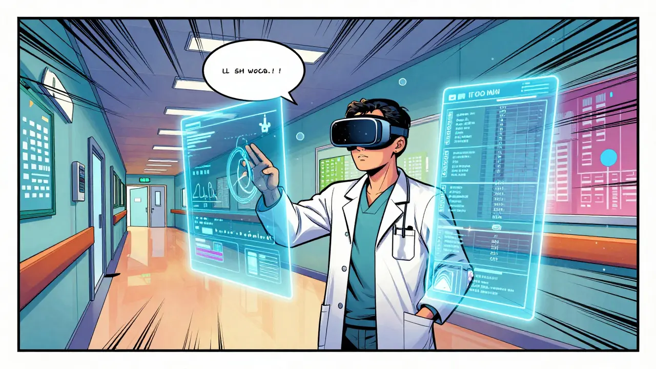 Illustration style comics du métavers médical virtuel et des consultations immersives.