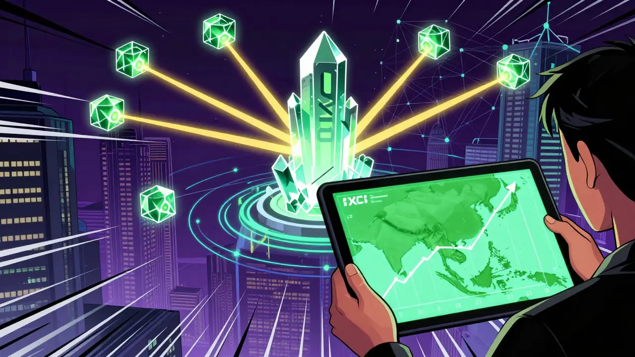 Interface futuriste reliant les oracles blockchain aux nouveaux indices régionaux