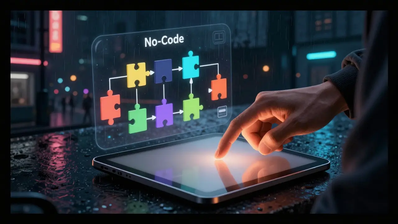 Interface no-code holographique pour créer des agents IA, style livre illustré.