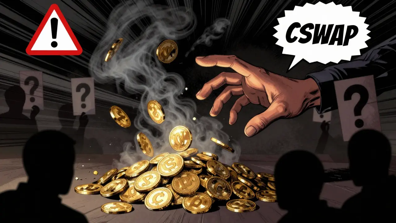 Mains essayant de saisir des tokens CSWAP qui s'évaporent, menacées par des arnaques