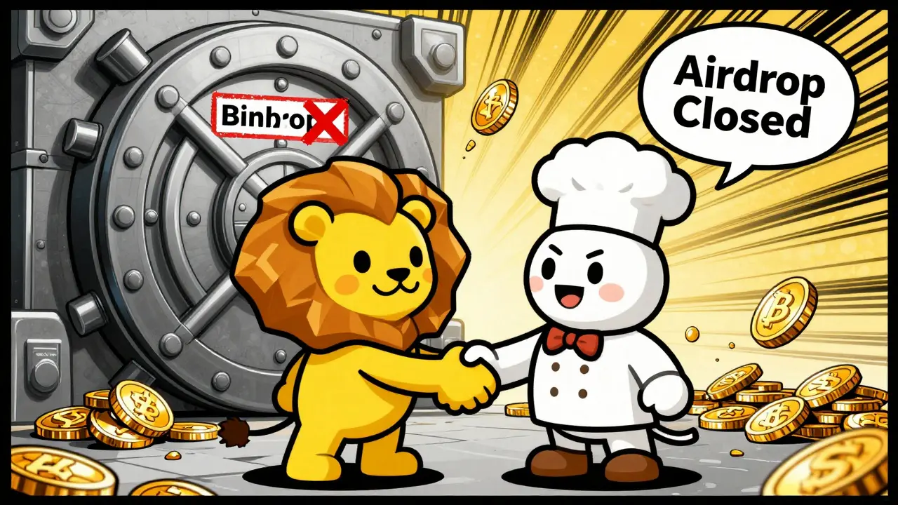 Mascottes de Binance et BakerySwap devant un coffre d'airdrop fermé