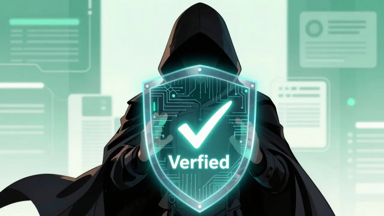 Personnage mystérieux protégé par un bouclier holographique symbolisant les preuves à divulgation nulle