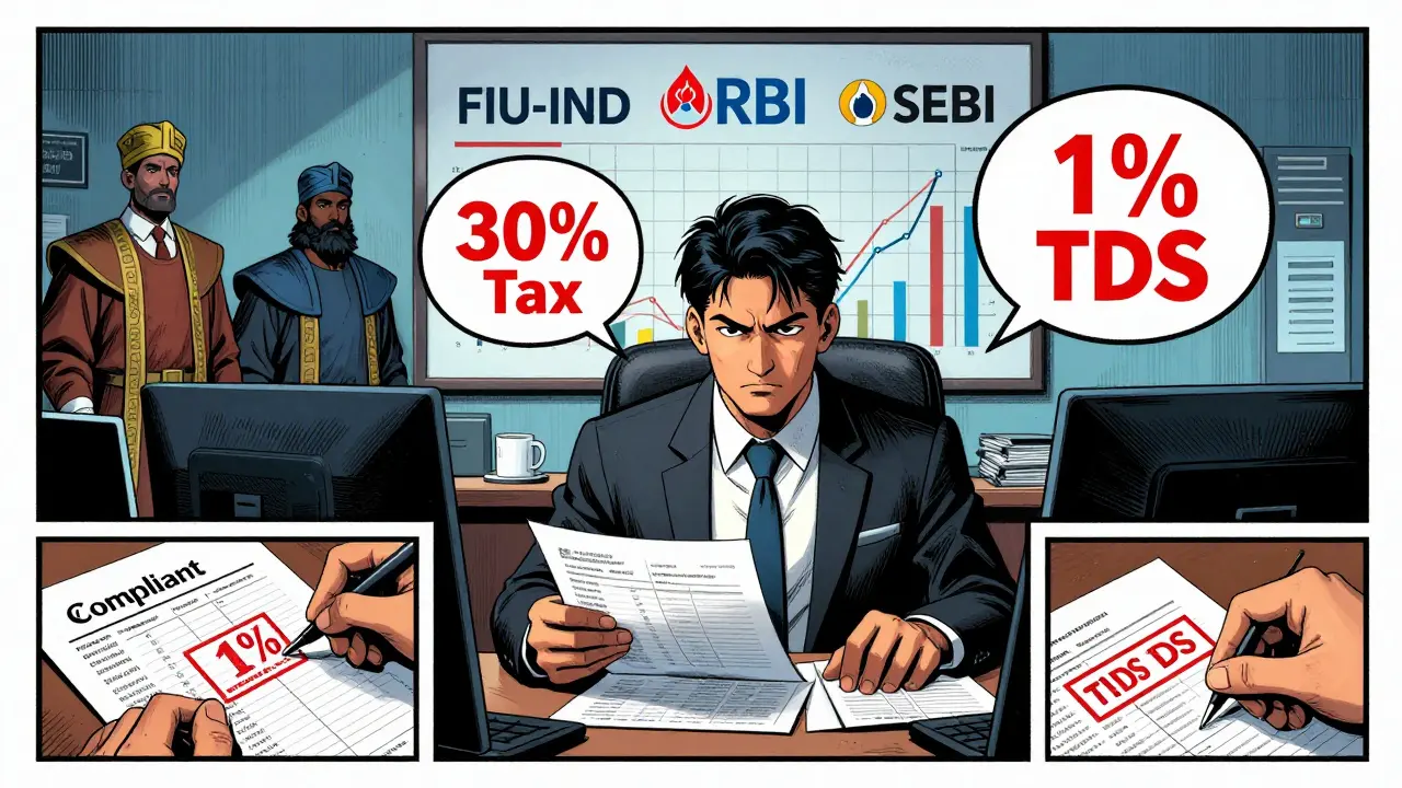 Scène de BD sur la conformité fiscale stricte et les taux d'imposition élevés pour les cryptos.