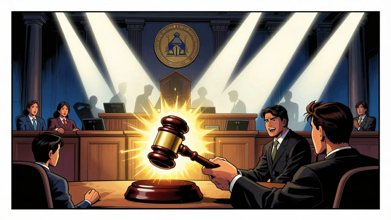 Scène de tribunal dramatique symbolisant la légalisation des cryptos en Inde