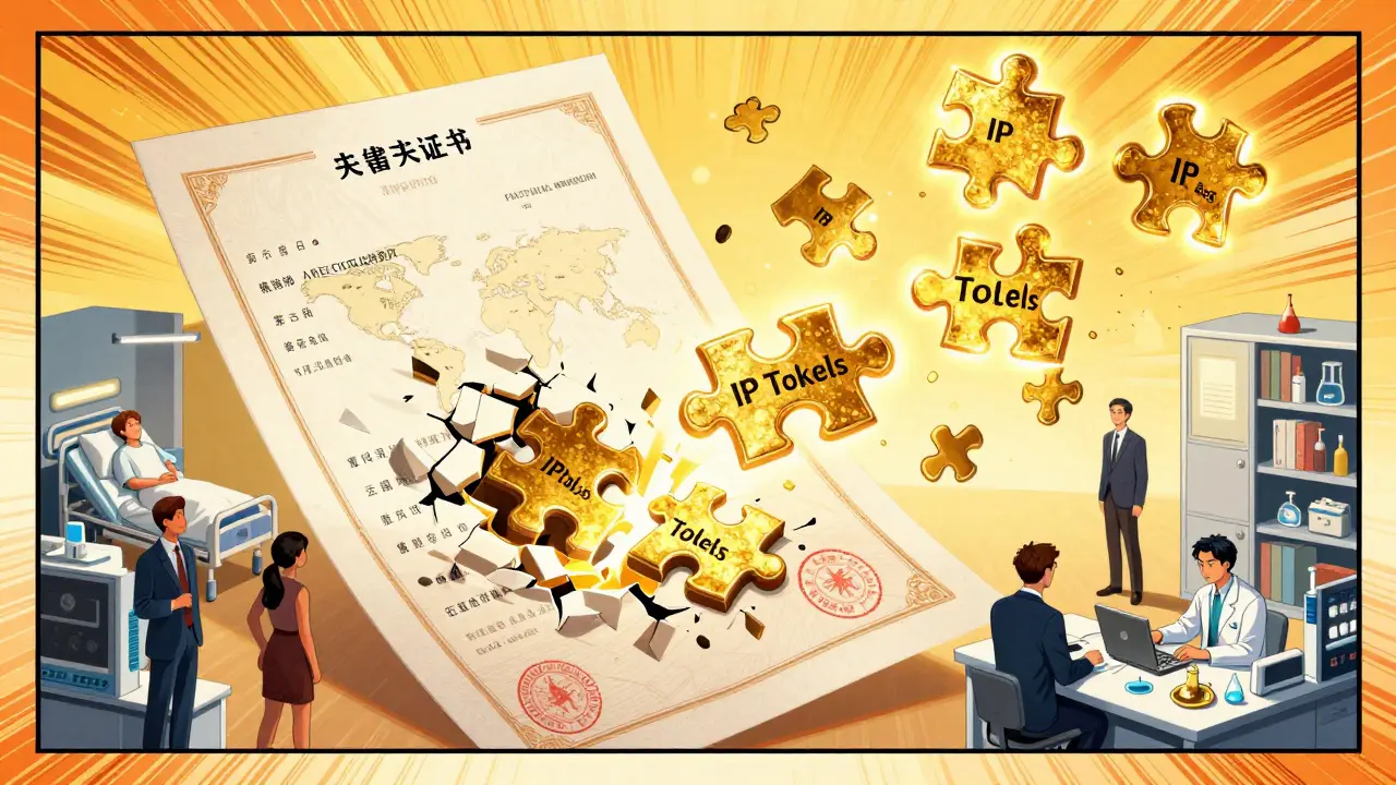 Style BD : Un brevet fractionné en tokens IP dorés distribués à une communauté mondiale diversifiée.