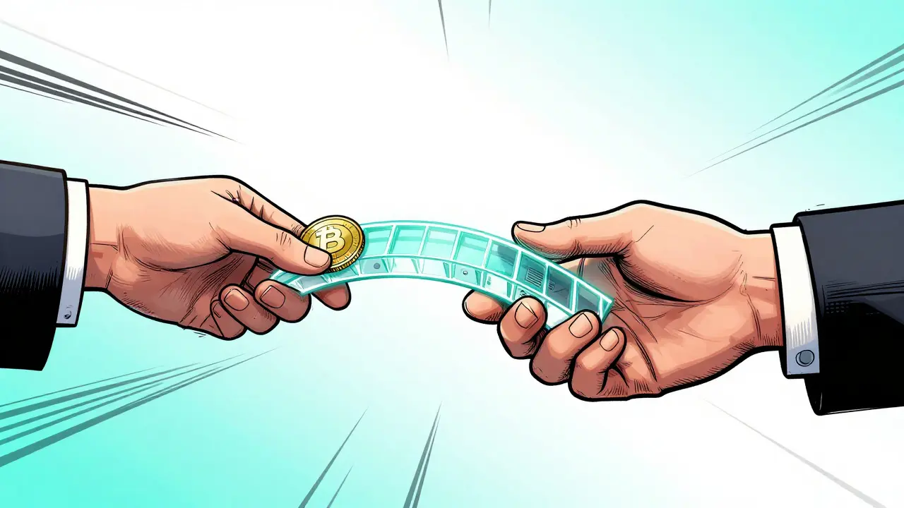 Transaction crypto directe entre client et commerçant sans intermédiaire, illustrée en art de comic book.
