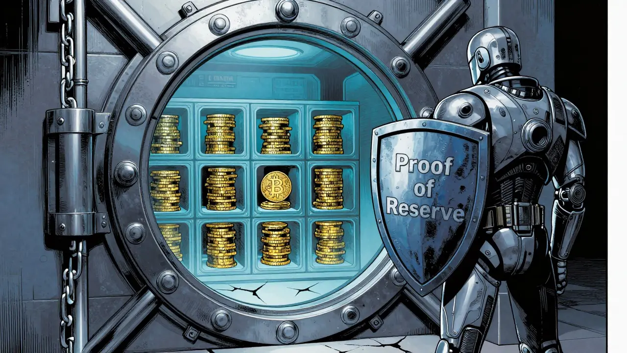 Un coffre-fort numérique sécurisé avec des pièces de crypto et un gardien robotique.