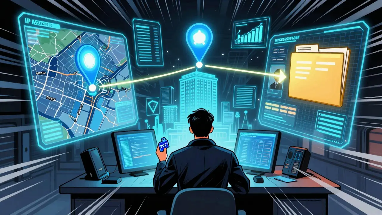 Un détective reliant une adresse IP à une identité via des outils d'analyse blockchain