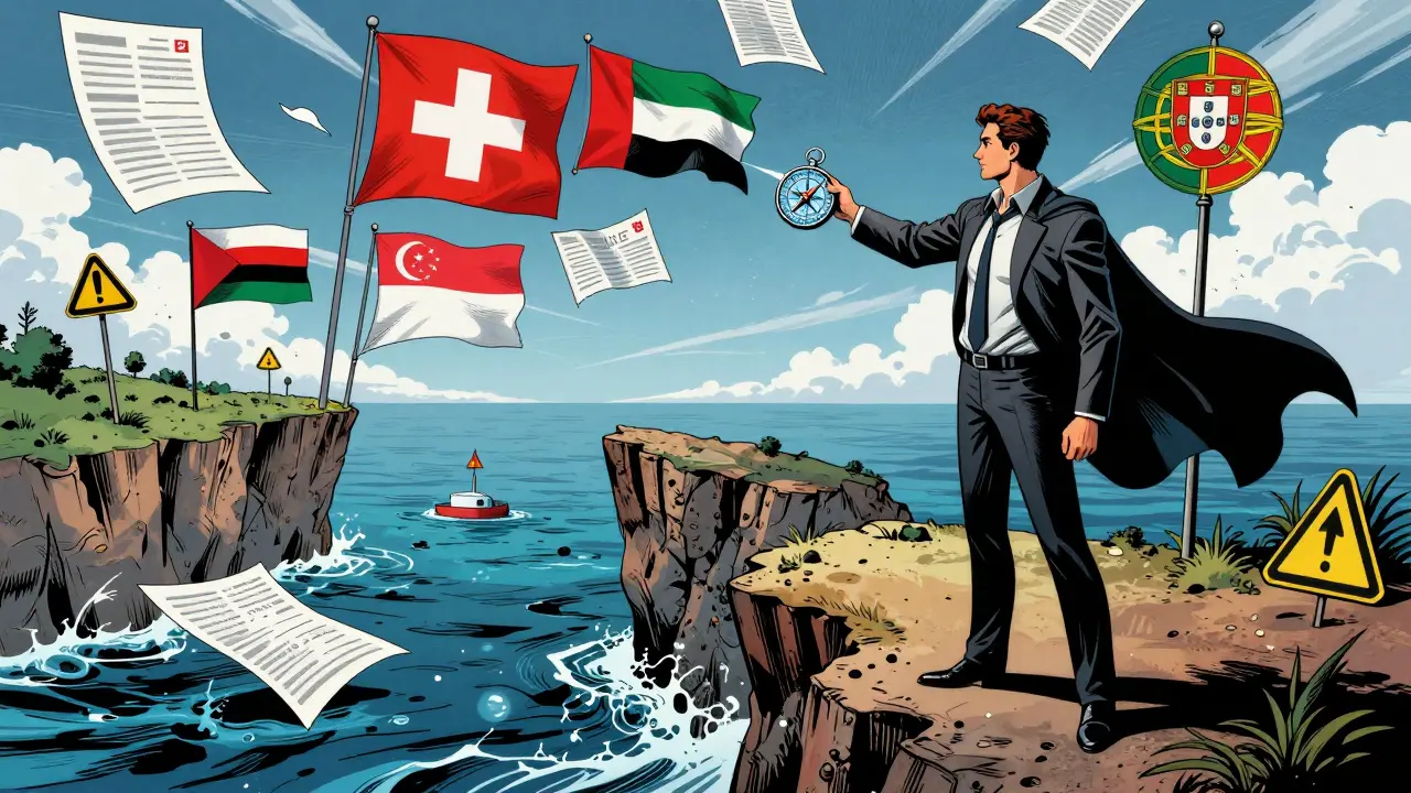 Un navigateur choisit sa juridiction crypto idéale parmi des risques réglementaires illustrés.