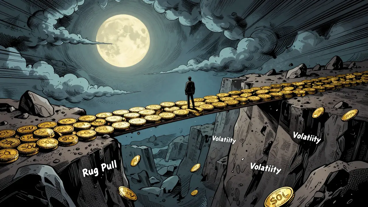 Un trader traversant un pont risqué au-dessus des dangers crypto