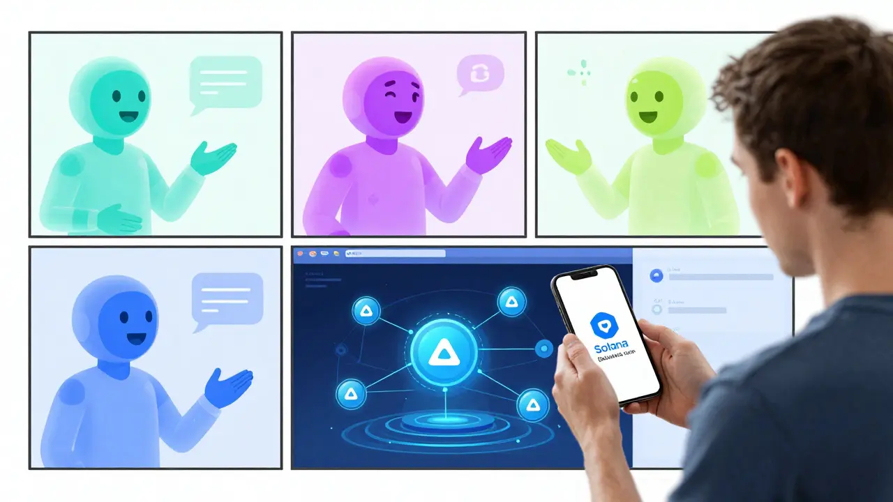 Utilisateur interagissant avec des agents IA sur une plateforme décentralisée