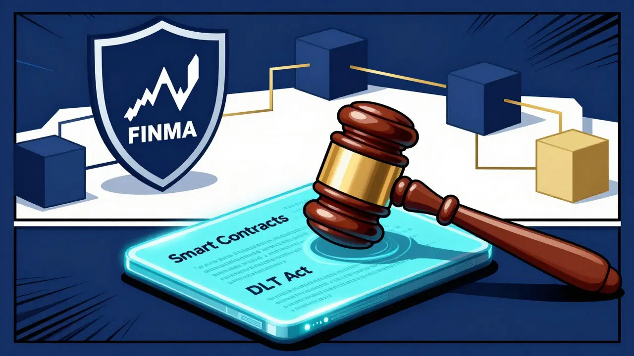 Art BD montrant un marteau de juge sur un contrat intelligent numérique, symbolisant la loi DLT et la FINMA.