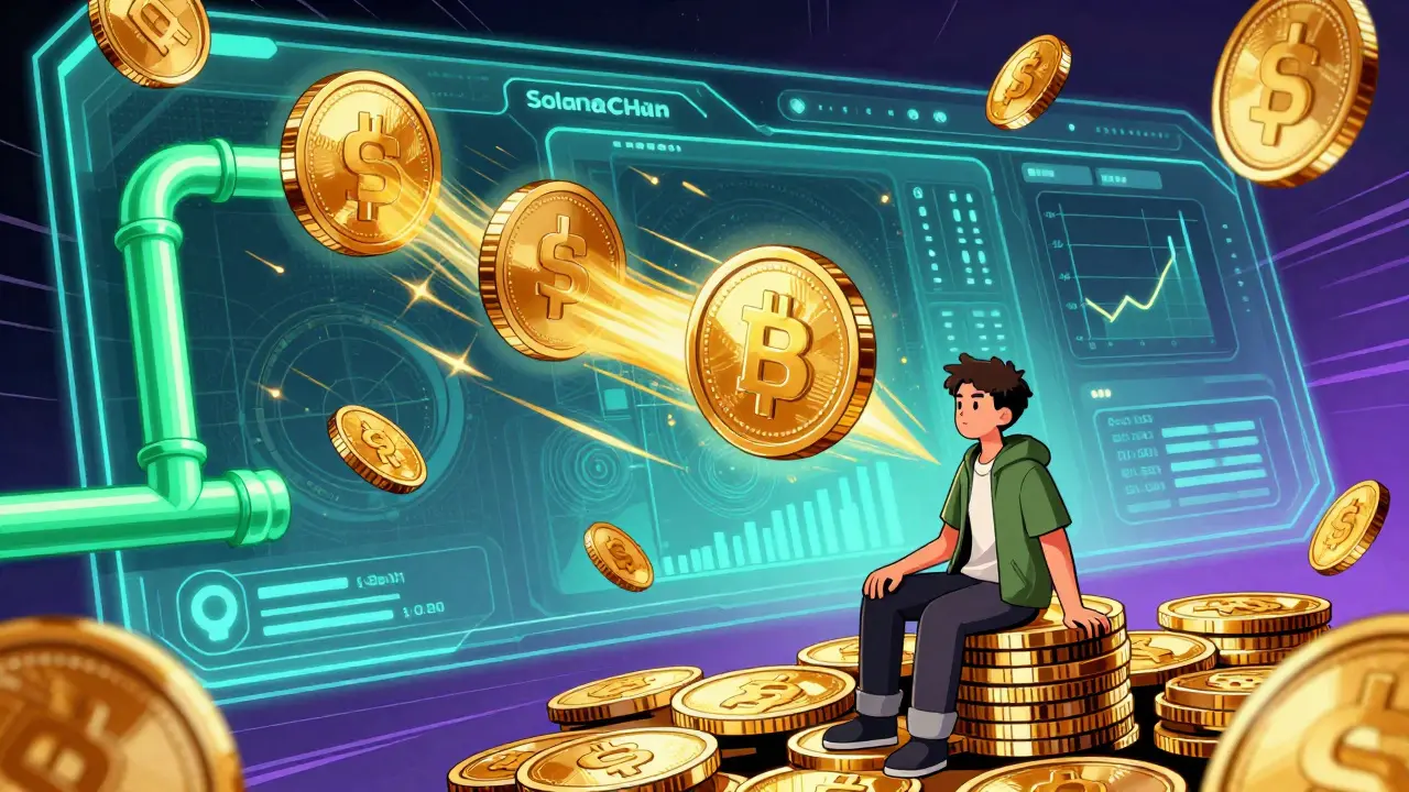 Coins cryptographiques dorés circulant rapidement sur Solana, le Chill Guy détendu