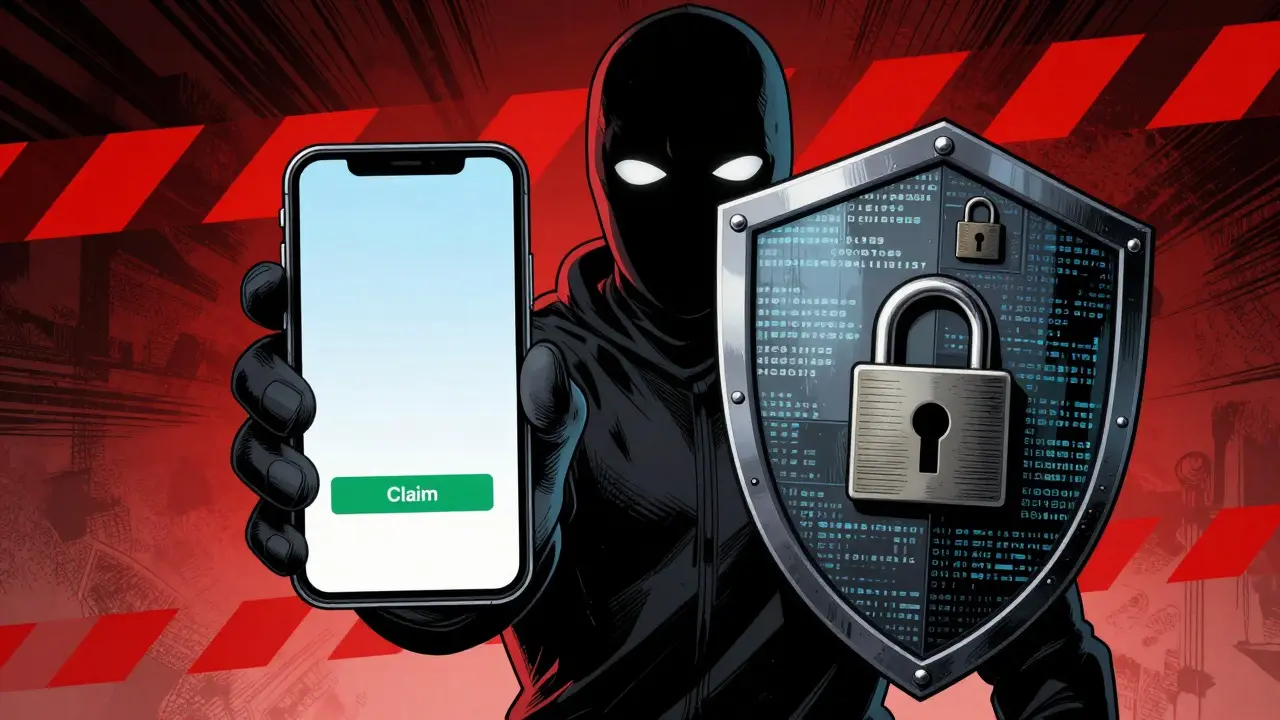 Illustration de sécurité : un bouclier cryptographique bloque une tentative d'arnaque numérique.