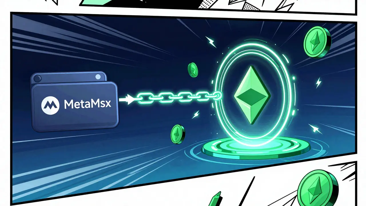 Illustration de trading décentralisé avec portefeuille et jetons ETH