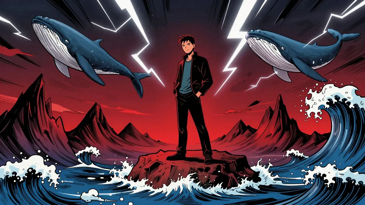 Le Chill Guy calme face à des vagues rouges turbulentes représentant la volatilité