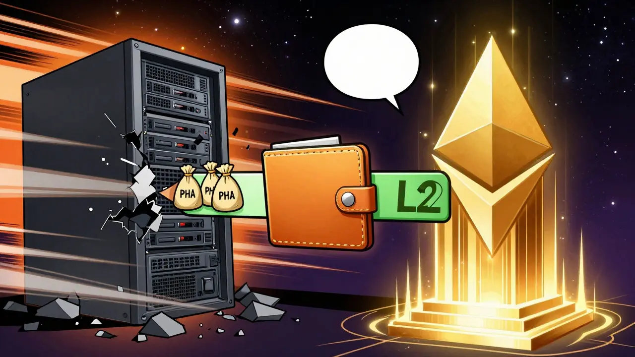 Migration visuelle de Phala de Polkadot vers Ethereum Layer 2 avec des tokens PHA.