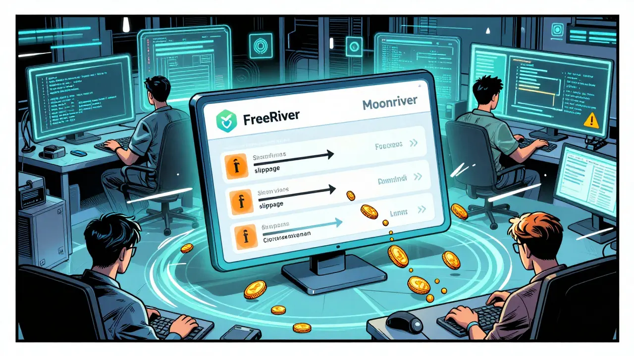 Réseau blockchain Moonriver et échange FreeRiver illustrés en art de bande dessinée