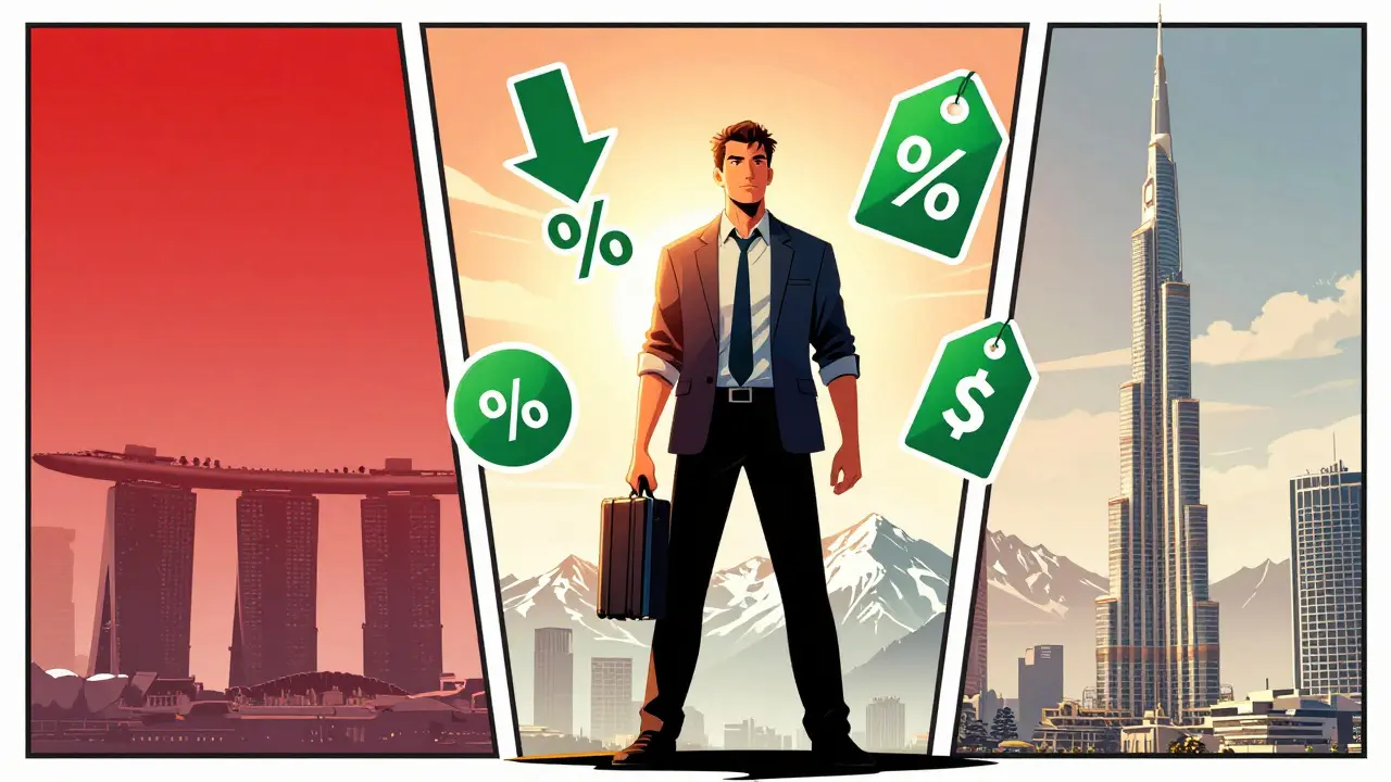 Scène BD comparant les coûts et avantages de Zug par rapport à Singapour et Dubaï pour les startups crypto.