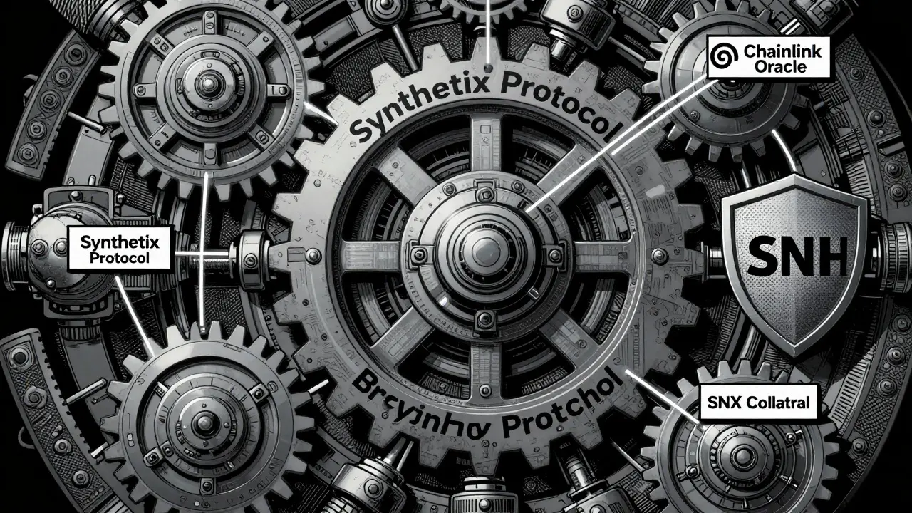 Schéma technique du protocole Synthetix avec les oracles Chainlink et le collatéral SNX.