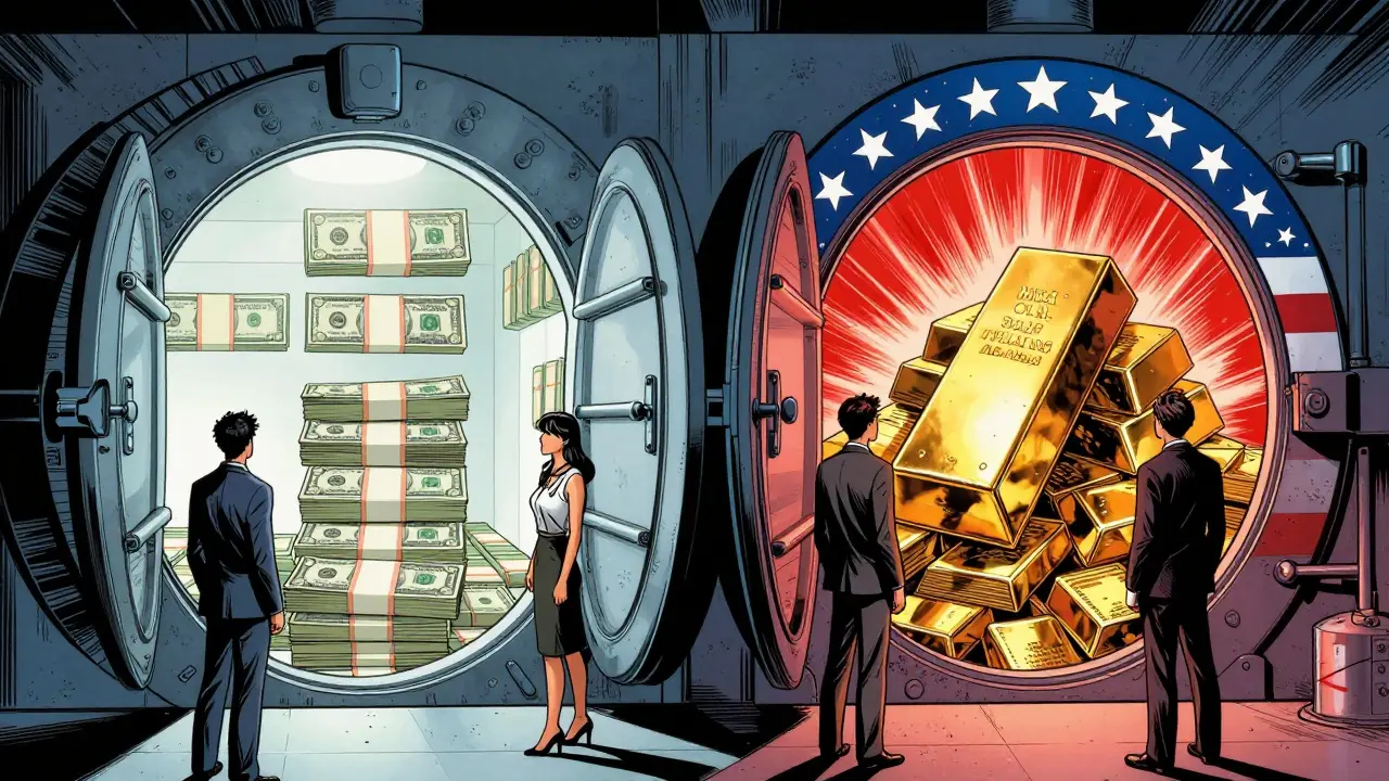 Style BD : deux coffres-forts montrant des réserves en espèces (UE) et bons du Trésor (US)