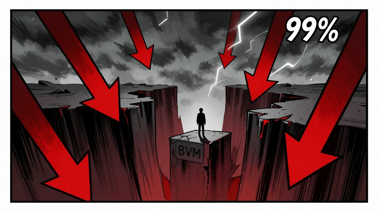 Style BD : Personnage isolé au bord d'un précipice rouge symbolisant le risque