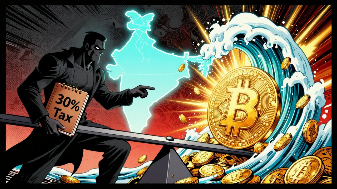 Symbole de l'adoption crypto indienne défiant les lourdes taxes fiscales