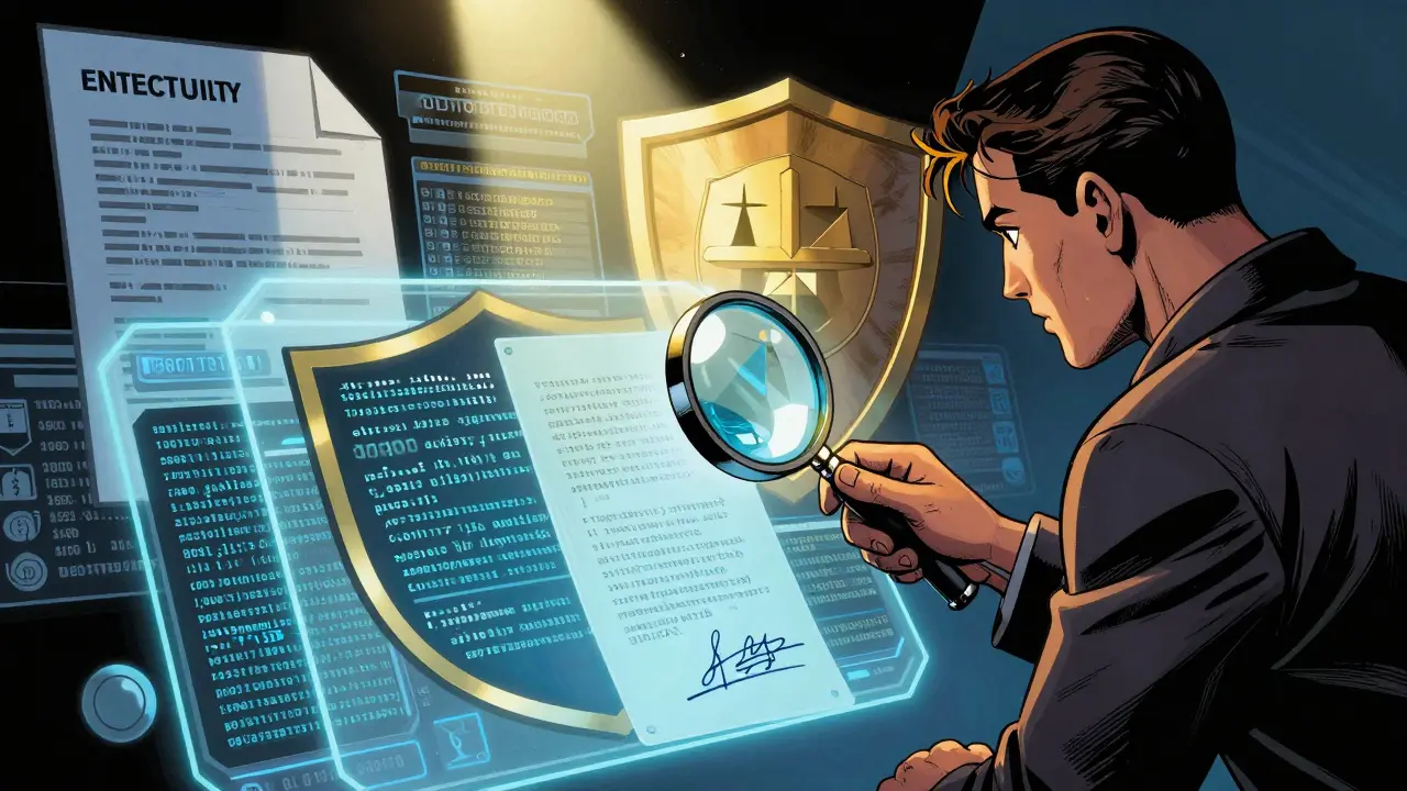 Un détective numérique vérifie la signature et les métadonnées d'un actif sur la blockchain.