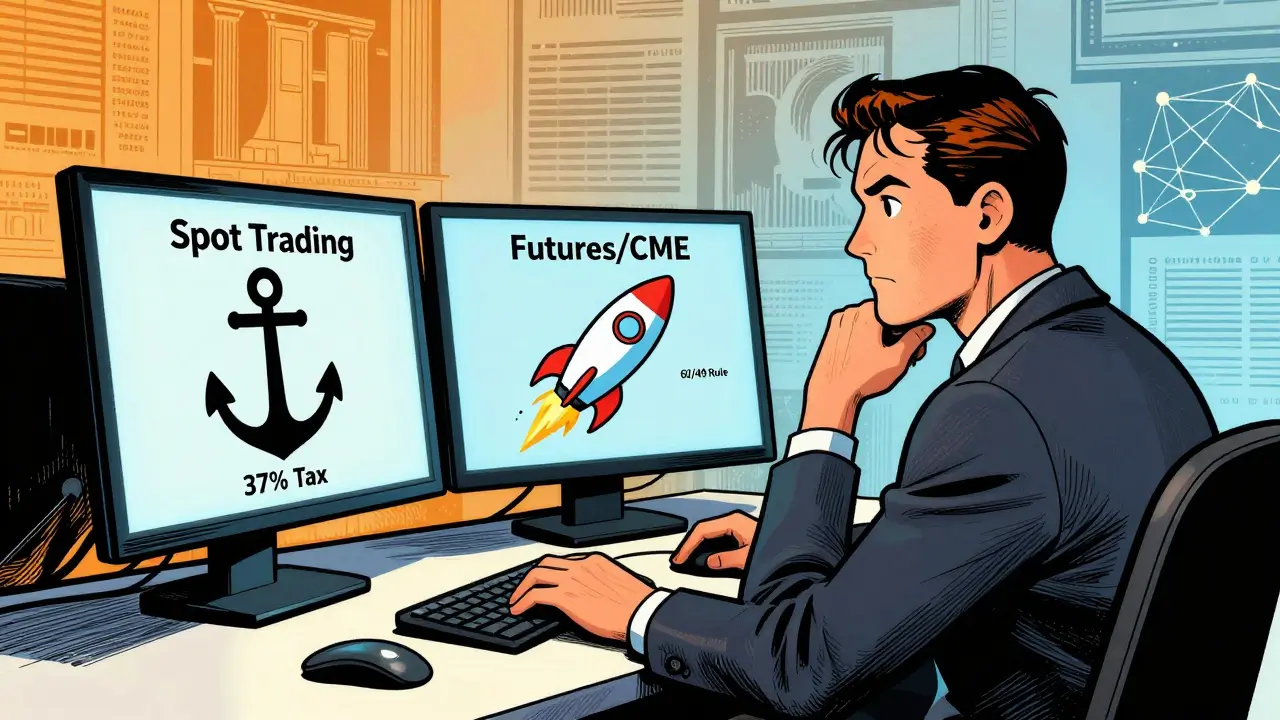 Un trader hésite entre spot trading et contrats futures pour optimiser ses impôts
