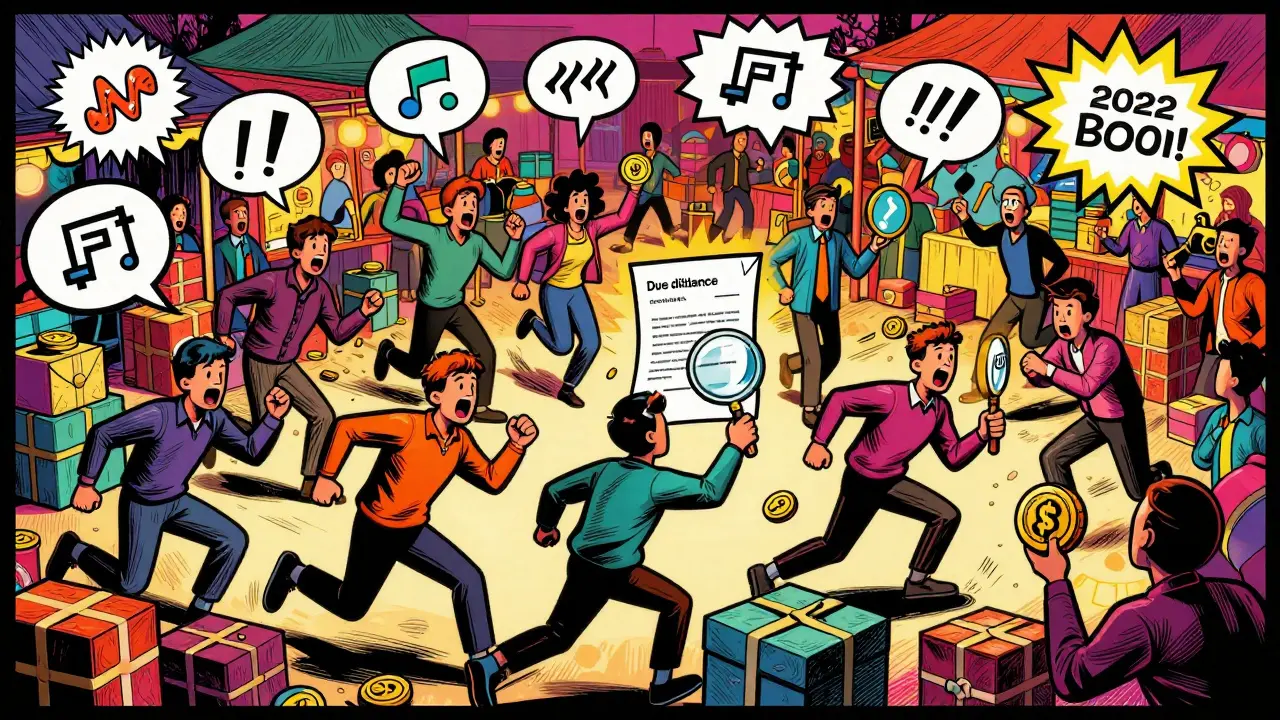 Une foule chaotique courant vers des jetons numériques lors du pic NFT de 2022, art comics