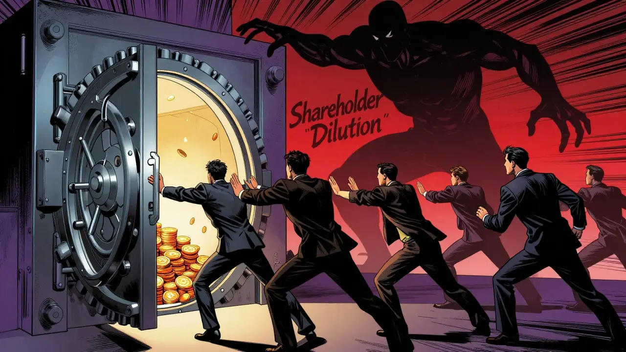 Art BD : coffre-fort rempli de bitcoins menacé par l'ombre de la dilution actionnariale
