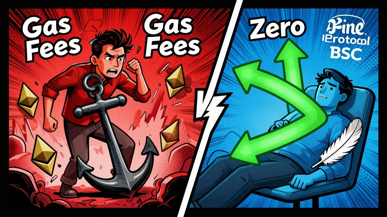 Art comic : comparaison visuelle entre frais de gaz élevés et trading sans frais sur Kine