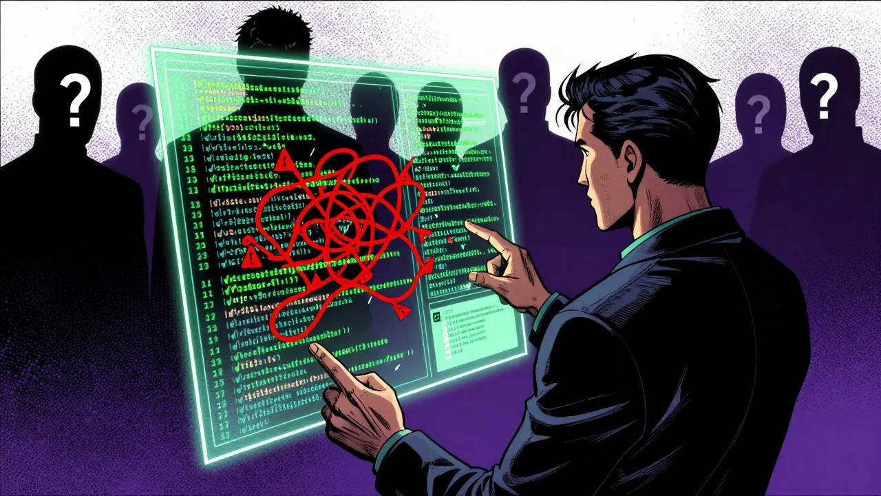 BD : inspecteur examinant du code suspect et équipe anonyme