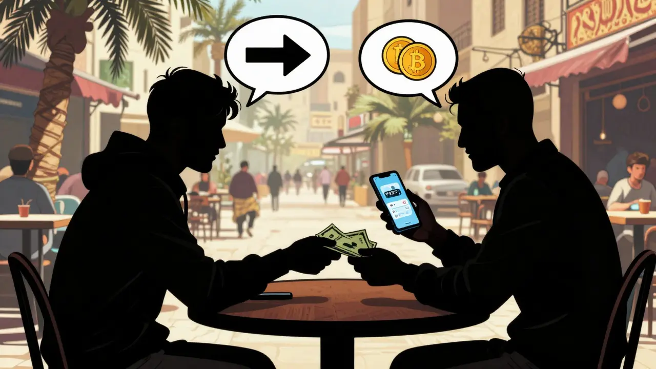 Deux personnes échangent du cash contre des cryptos dans un café à Caire.