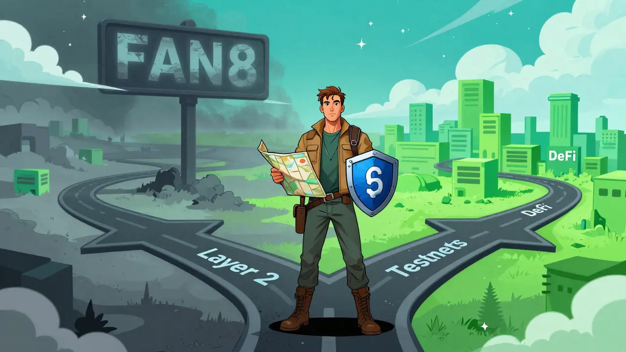 Explorateur choisissant le chemin sûr des DeFi fiables en style BD